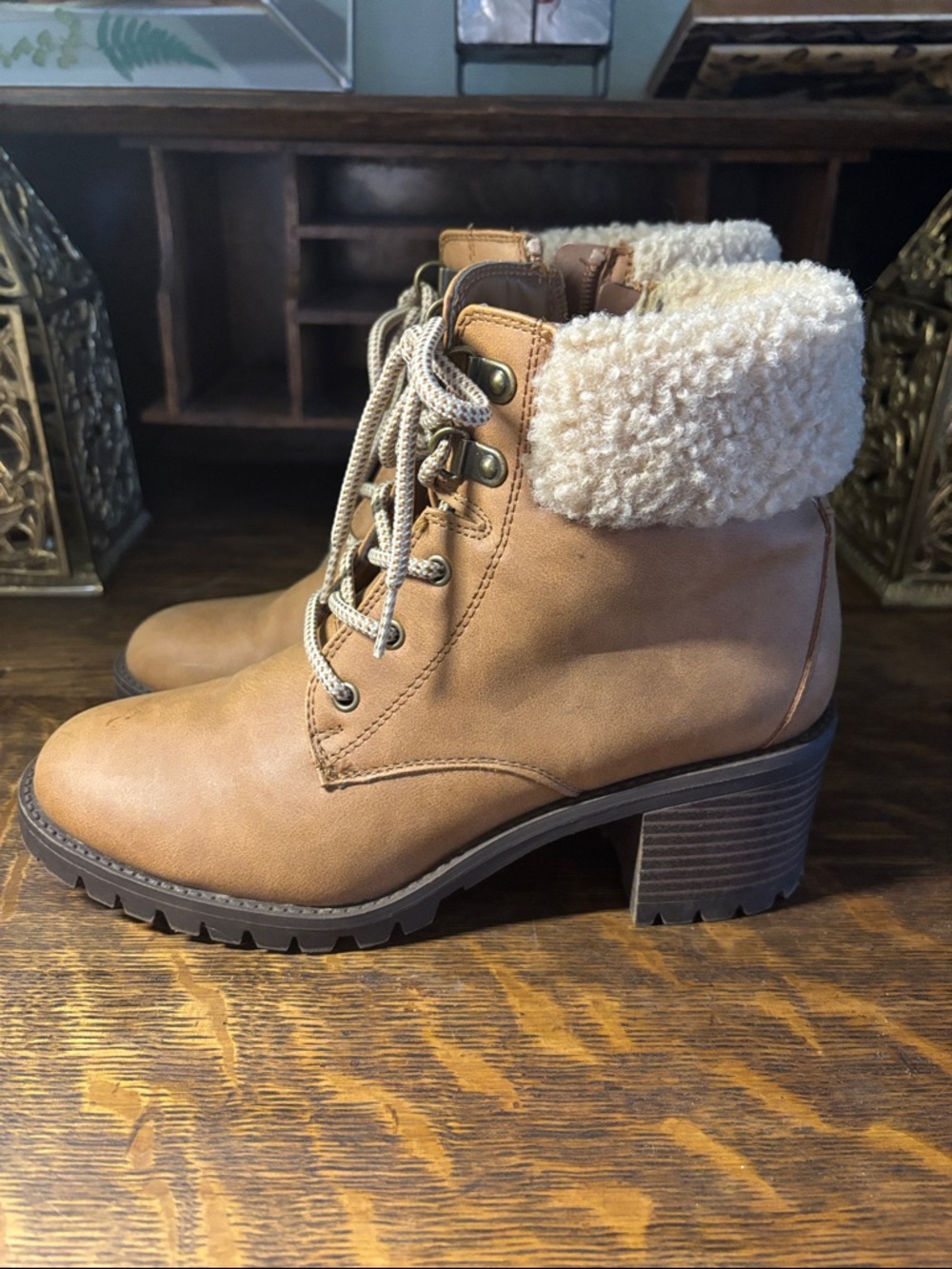 Market & Spruce Tan Lace-Up Faux-Shearling Ankle Boots